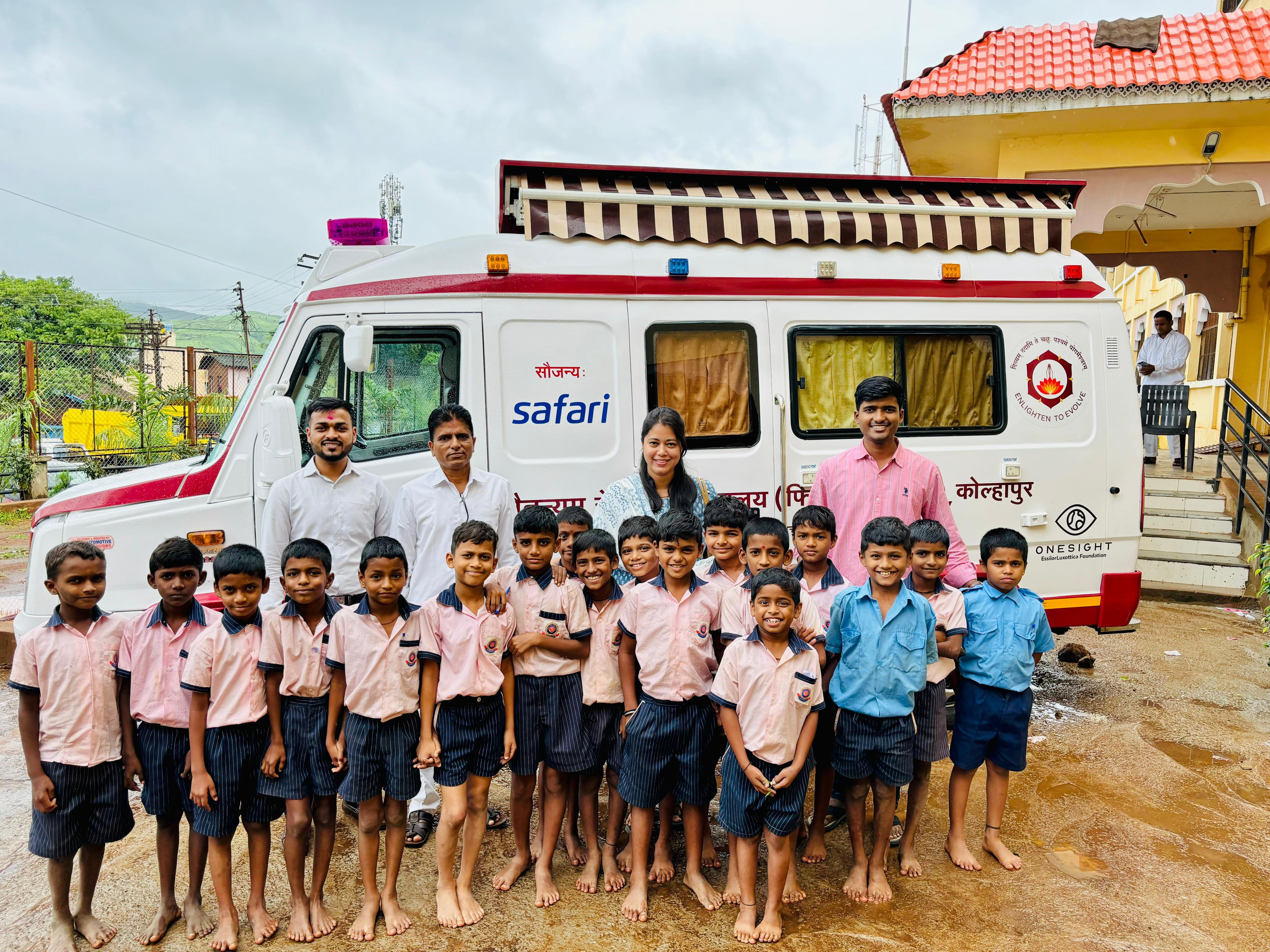 Mobile eye care van with school children